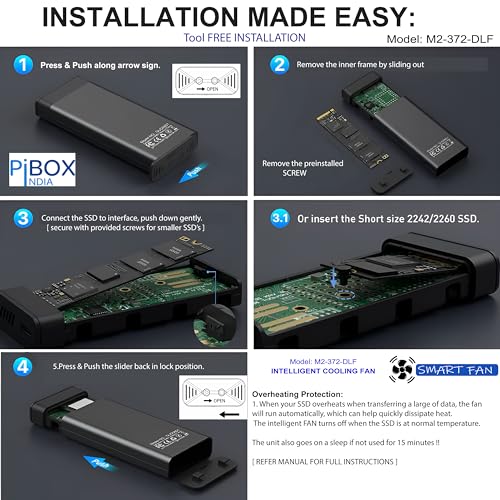 Image of NVME M.2 Fan Enclosure, PiBOX India Dual protocol NVMe /NGFF SATA SSD Enclosure Smart Fan- USB 3.2 10Gbps, Tool-Free M.2 NVMe Case, PCI-E NVMe to USB-C, Supports M, B&M Keys 2230 /2242 /2280 SSD RTL9210B