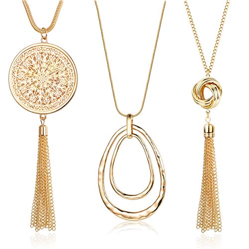 FUNRUN JEWELRY 3PCS Long Pendant Necklace for Women Circle Knot Tassel Necklace Sweater Chain Statement Necklace Set