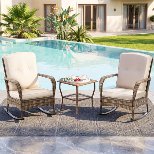 DECMICO 3 Pieces Rocking Bistro Set Wicker Outdoor Rocking Chair with Washable Cushions Rattan Rocking Chairs with Rattan Table Outdoor Wicker Chair for Patio Backyard Porch Garden