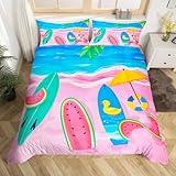 Surfen Bettwäsche Set 135x200 für Jungen Mädchen Marine Sport Thema Bettbezug, Wassermelone Palmenblätter Druck Tröster Abdeckung Ozean Thema Tagesdecke Abdeckung Hawaii Urlaub Stil Bettwäsche