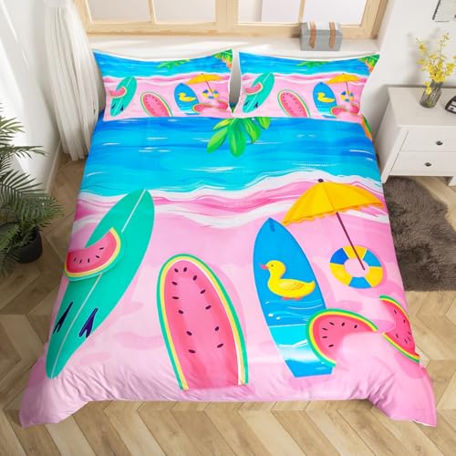 Surfen Bettwäsche Set 135x200 für Jungen Mädchen Marine Sport Thema Bettbezug, Wassermelone Palmenblätter Druck Tröster Abdeckung Ozean Thema Tagesdecke Abdeckung Hawaii Urlaub Stil Bettwäsche