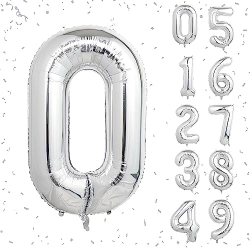 Image of 40 Inch Silver Number Balloons, Helium Mylar Foil Number Balloons for Birthdays, Number 0 Balloon for Party Wedding Bachelorette Birthday Bridal Shower Anniversary Celebration Party Decorations
