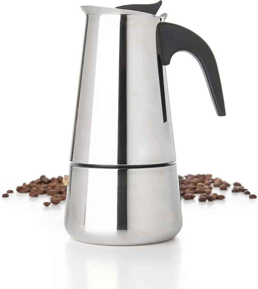 Cafeteira Italiana Moka Inox 6 Xícaras 300ml, Aço Inoxidável, Café Espresso Forte, Compatível com Fogão a Gás e Elétrico, Cabo Térmico, Bico Anti-Respingos, Fácil de Limpar