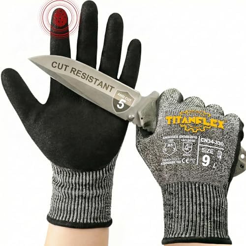 TitanFlex ANSI A5 Cut Resistant Work Gloves, Sandy Nitrile Anti-S...