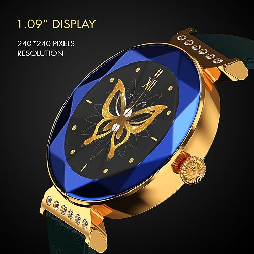 Image of Fire-Boltt Emerald Gemstone-Studded Diamond Cut Smart Watch 27.68mm (1.09 inch) HD Display, Multiple Sports Modes, Health Suite, Wireless Charging, IP68 with Additional Stainless Steel Strap (Blue)