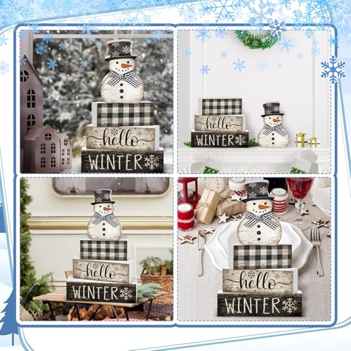 Image of Moucuny 4 Pcs Snowman Christmas Decor Winter Table Decorations Christmas Tiered Tray Decor Winter Centerpiece Decorations Indoor Rustic Wooden Snowman Block Sign Gift Farmhouse for Home Kitchen Shelf