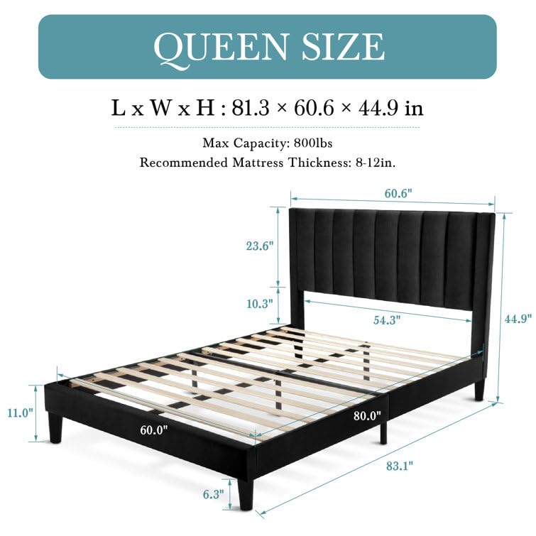 Image of HITHOS Modern Upholstered Queen Size Bed with Wingback Headboard | Wooden Double Bed Cot Palang Without Storage for Living Room Bedroom Home (Black) 1 Year Warranty