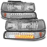 AKKON - For Smoked Smoke 99-02 Chevy Silverado Headlights Replacement + LED Bumper Signal Lights 4pcs Set