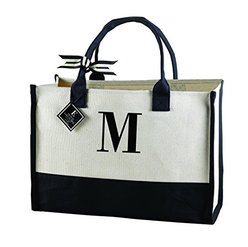Mud Pie Classic Black and White Initial Canvas Tote Bags (M), 100% Cotton, 17" x 19" x 2"