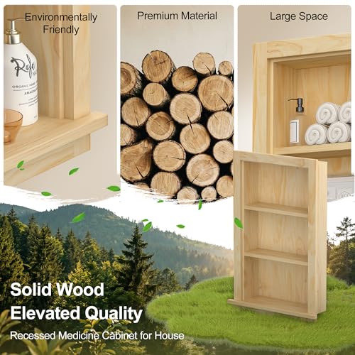 Armario de Medicina Empotrado en Pared de Madera Maciza, Organizador Decorativo para Baño o Sala de Estar, 14x24 pulgadas, Totalmente Armado, Natural miniatura 3