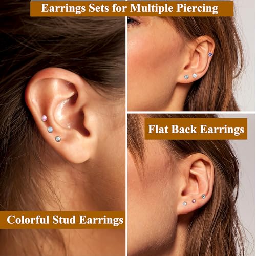 LOYALLOOK 21Pairs 20G Hypoallergenic Stud Earrings Set for Women Men 316L Stainless Steel Cartilage Flat Back Stud Earrings CZ Opal Screwback Earrings Studs Piercing Jewelry Multicolored2