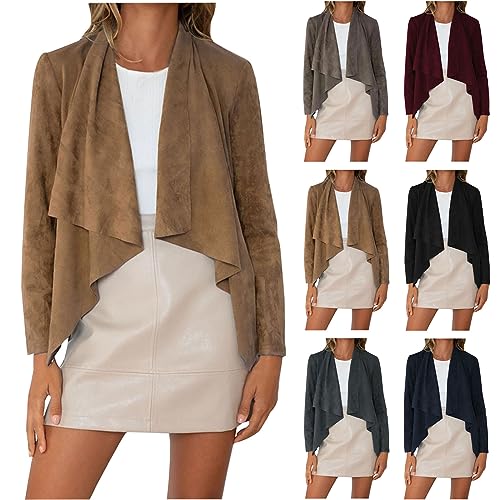 Womens Suede Jacket Fashion 2025 Fall Winter Faux Leather Cardigans Long Sleeve Open Front Irregular Coat Outerwear4