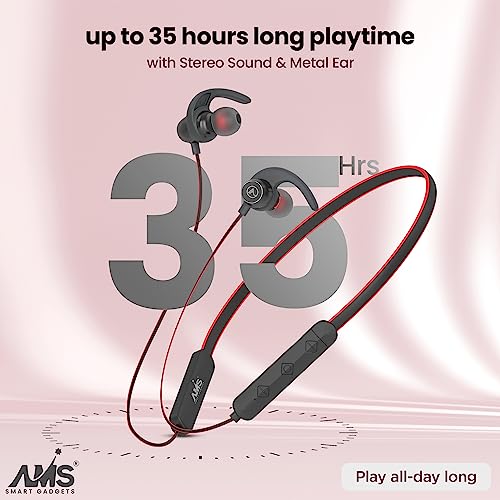 Image of AMS Royal Series Sports Wireless Neckband Earphone with Extra Bass Upto 35 Hours Playtime, Sweat & IPX5 Water Resistance, (NB22, Red)