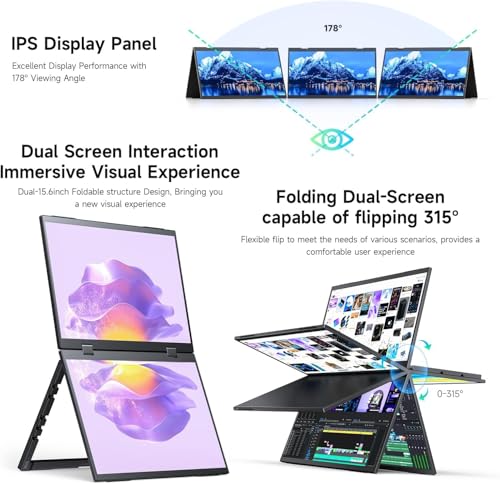 Image of 14inch Dual-Screen Portable Monitor Supports Windows /MacOS, Dual-1080p High Definition Foldable Screen, 100% SRGB, 178 Wide Viewing Angle, Built-in Gravity Sensor, Hi-Fi Speaker