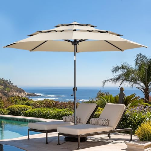 wikiwiki 9 FT Patio Umbrellas 3-Tiers Outdoor Table Market Umbrella with Push Button Tilt/Crank, Fade Resistant Waterproof POLYESTER DTY Canopy for Garden, Lawn, Deck, Backyard & Pool, Cream