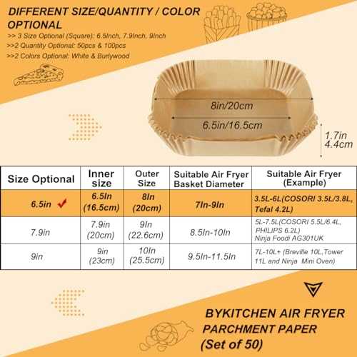 BYKITCHEN Air Fryer Parchment Paper Liner, 50PCS Square Air Fryer Liners Disposable, Greaseproof Paper - Image 2