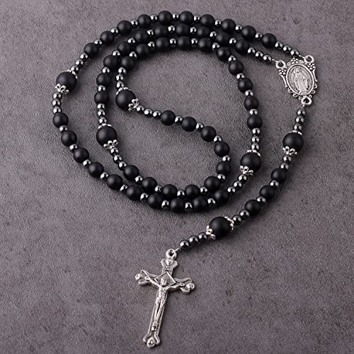 HanlinCC 6mm Black Glass Beads with 4mm Hematite Black Stone Beads Rosary Necklace with Miraculous Center piece and Crucifix pack in Velvet Gift Bag for Men and Women4