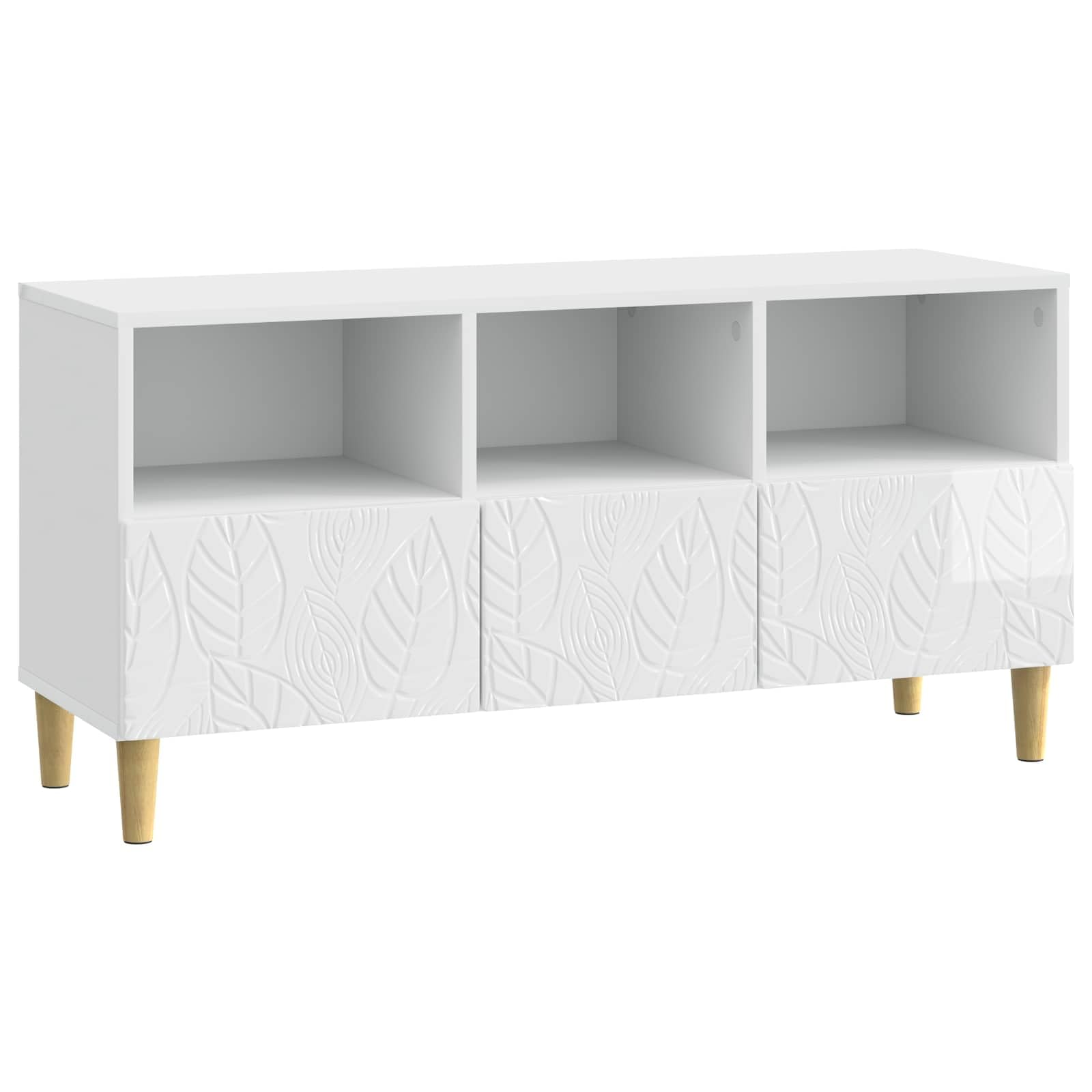 Mobile TV bianco lucido, 102 x 34,5 x 50 cm, in legno con 3 cassetti e gambe in eucalipto massiccia, versatile spazio per soggiorno, giochi, home theater, console multimediale