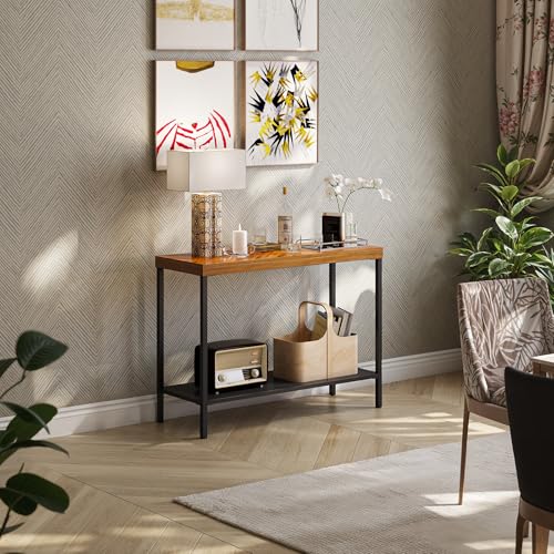 Image of Bme Vivian Console Table, Solid Acacia Wood Entryway Table Without Drawer, Rustic Golden Brown Mid Century Modern Hallway Table, Sofa Table for Living Room or Foyer