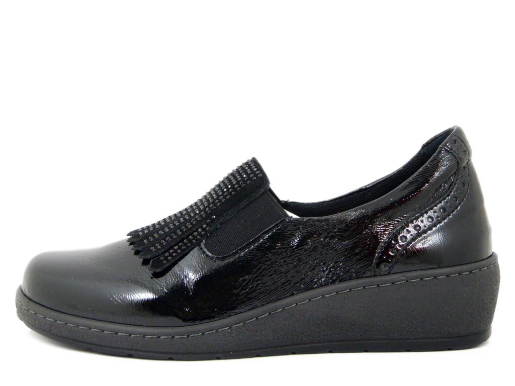 Cinzia Soft Mocassini Donna Scarpe Linea Ortopedica Sanitaria in Pelle Lucida Nero con Strass, Zeppa Bassa, Plantare Estraibile, 51162
