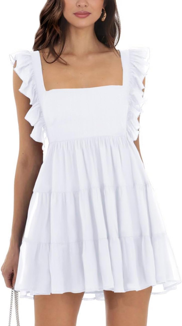 Women’s Summer Square Neck Tie Back Ruffle Sleeve Tiered Casual A-Line Short Mini Dress