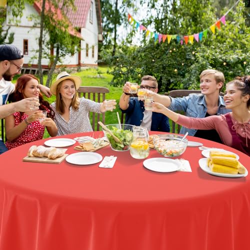 Image of Ragnhild 16 Pack Red Plastic Tablecloth for Round Tables, Premium Decorative Red Disposable Table Cloths for Parties, Bulk Round Party Table Cover for Birthday Wedding Anniversary Graduation, 84 Inch