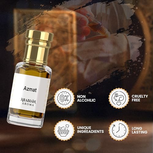 Image of Arabian Aroma Azmat Attar | Saffron & Oud Fragrance with Musk Base | Attar for Men Long Lasting Smell | Oil-Based Alcohol Free Ittar | 100% Perfume for Men | Roll On Itra | (6ml)
