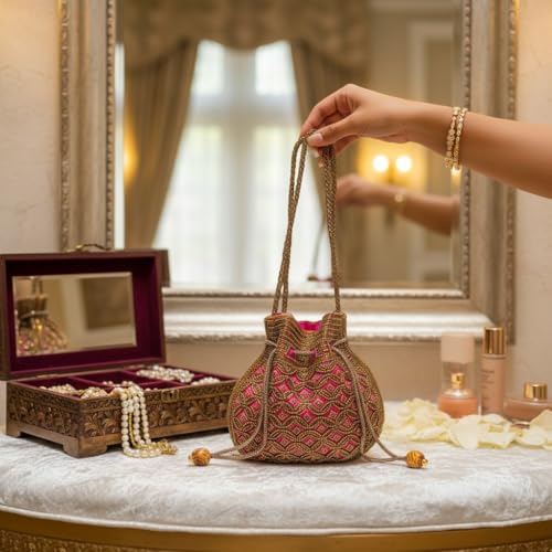 Image of Srajanna Women's Embellished Ethnic Pearl Potli Bag Traditional Handcrafted Evening Clutch for Weddings & Festive Occasions