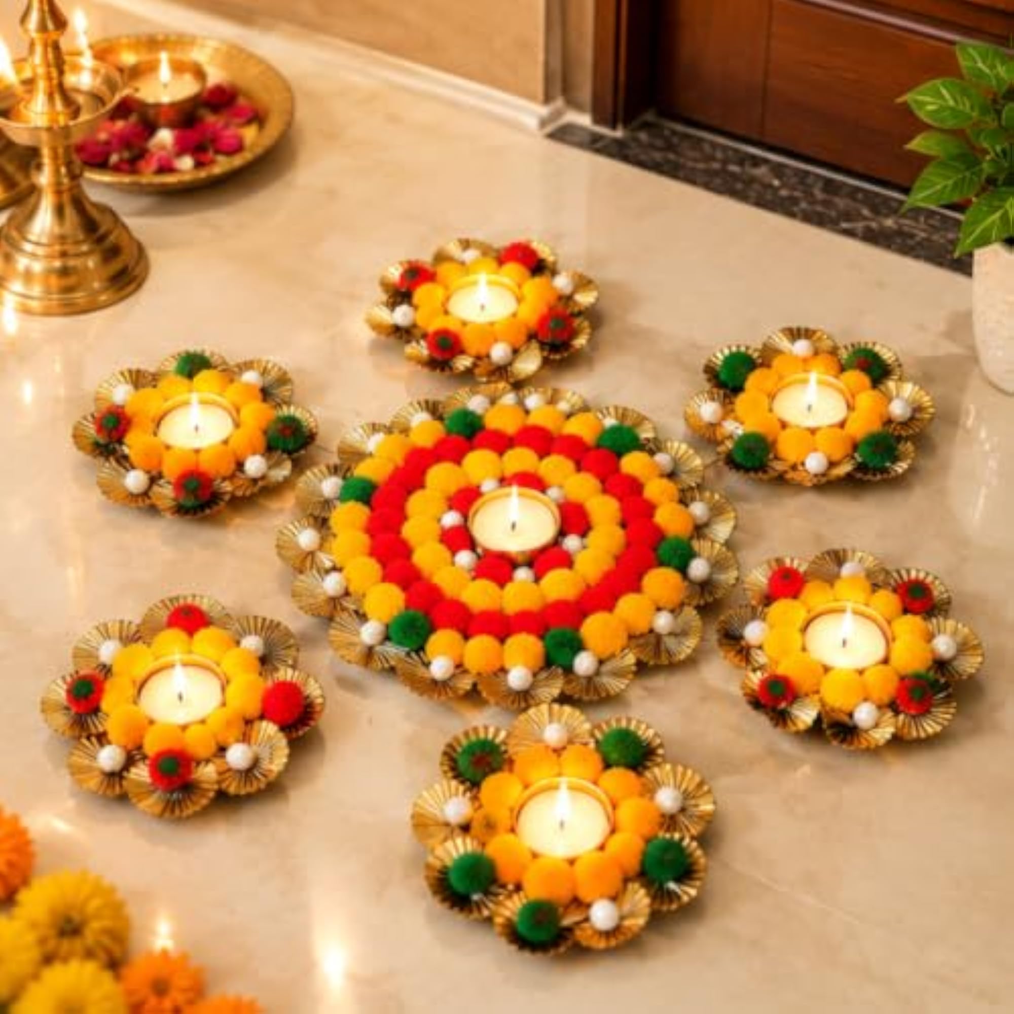 Set of 7 Rangoli for Diwali Decoration with Diya Holder