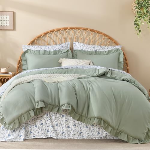 Litanika Full Size Comforter Sets - 7 Pieces Ruffle Sage Green Bed in a Bag, Soft Farmhouse Bedding Sets with Ruffled Comforter, Floral Sheets, Pillowcases & Shams