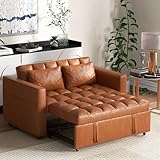 EBELLO 3 in 1 Convertible Faux Leather Sleeper Sofa Bed, Modern Loveseat Futon Couch Pullout Bed with Side Storage Pockets and Pillows, Small Love Seat Lounge Sofa Bed for Small Spacem, Brown
