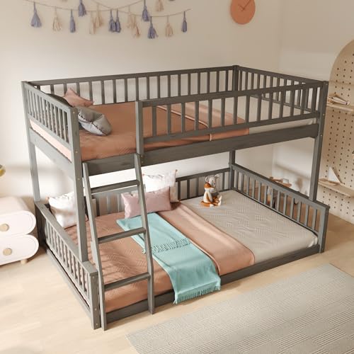DNYN Full XL Over Queen Bunk Bed for Kids Bedroom,Solid Wood Convertible Bedframe w/Ladder & Safety Guardrails,Can be Separated & Easy Assembly & Super Save Space & No Box Spring Needed, Gray