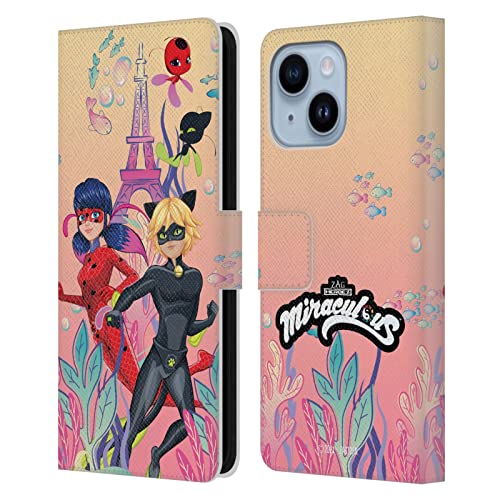 Housse cuir iPhone 14 Plus antichoc et portefeuille Aqua Ladybug