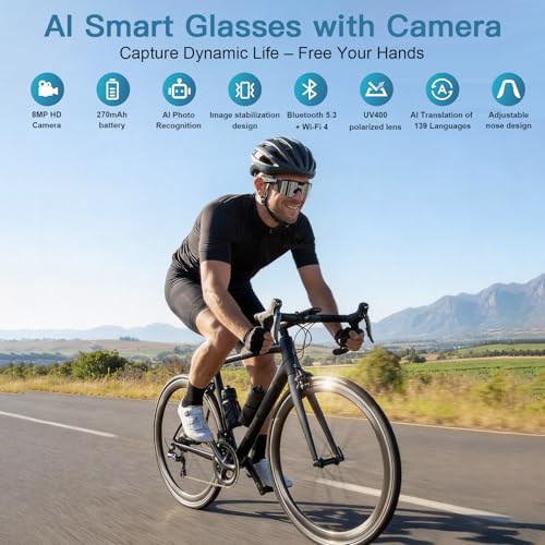 Image of AI Smart Glasses with Camera, 4K Video Recording Sunglasses with Camera | UV400 Polarized Lenses,Voice Assistant & 6-Axis EIS Stabilization, Unisex Bluetooth Glasses for Cycling /Hiking /Running-Silver