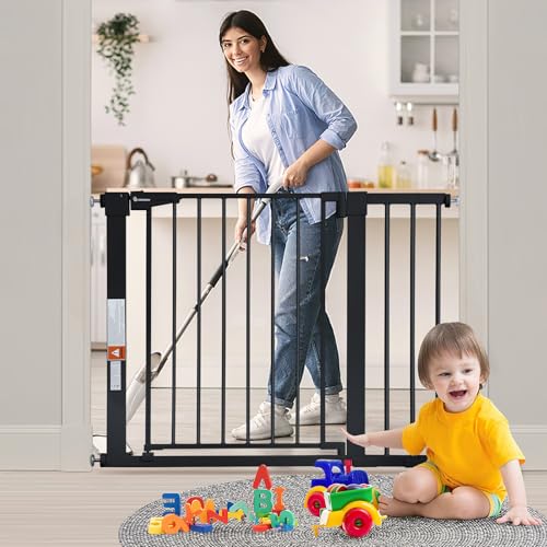 Image of COMOMY Dog Gate Auto Close Safety Gate, 40.5 inch Extra Wide Pet Gates Without Cat Door for House Doorway Stairs, Easy Walk Thru Puppy Fences, Fits Openings 29.5"-40.5", Black