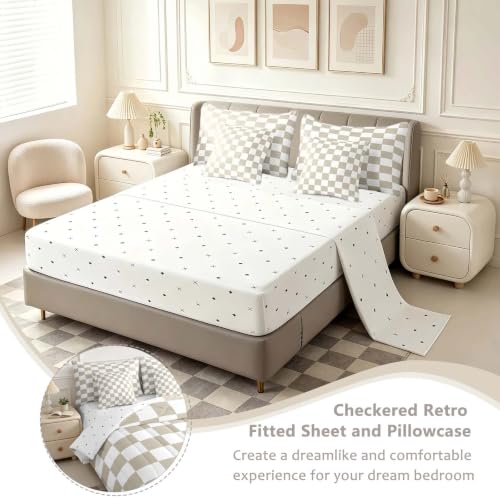 Image of Feelyou Checkered 7 Piece Bedding Set Teen Women Men Beige Plaid Comforter Set with Sheets Queen Size Kids Boys Cute Retro Neutral Checkerboard Geometric Bed in a Bag Vintage Aesthetic Room Decor