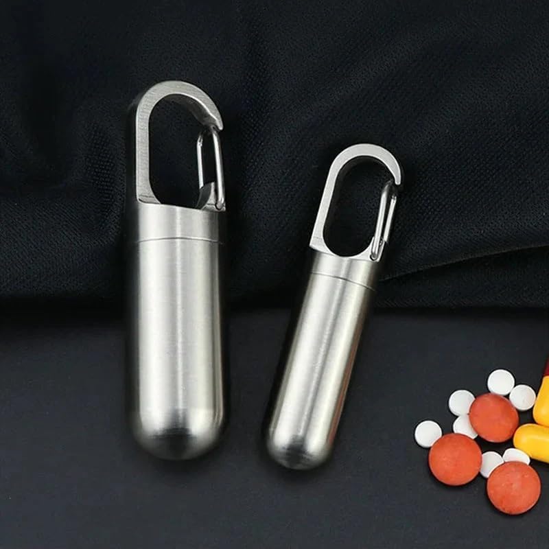 Miniatura 7 de Pastillero de acero inoxidable, pastillero portátil, llavero para medicamentos, bolsillo de metal impermeable, botella de medicina para acampar al