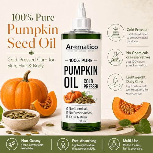 Image of AROMATICO Pumpkin Seed Oil for Hair Growth & DHT Blocking - Cold Pressed Pumpkin Seed Hair Oil for Scalp Health, Dandruff & Thicker Hair | 100ml