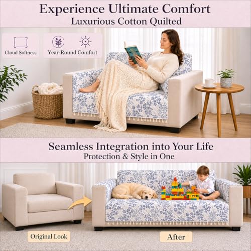 Image of STITCHNEST 'Frostvine Collection' 3 Seater Sofa Cover - Full Coverage| Cotton Quilted Fabric, Decorative Tassels, Washable & Durable for Modern Living