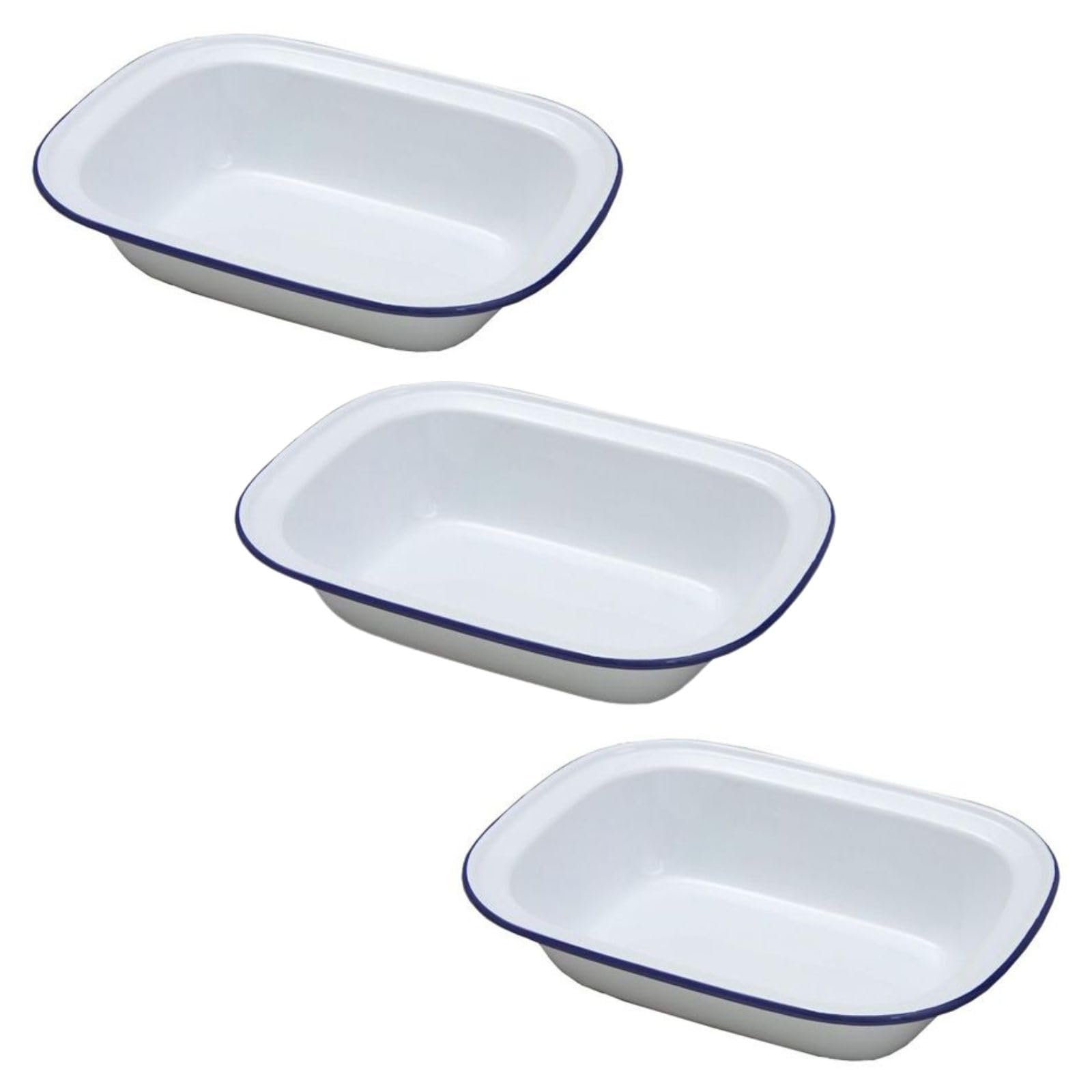 Falcon Enamel Shabby Chic Vintage Style Pie Dish - White with Blue Rim - Set of 3 (Oblong - 3 x 16cm)