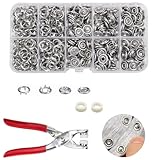 100 Sets Metal Snaps Buttons with Fastener Pliers Press Tool Kit Perfect for DIY Crafts Clothes Hats and Sewing(Silver Hollow Prong Snaps)