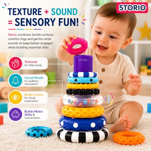 Image of Storio Stacks of Circles Stacking Ring Toy for Babies 6+ Months | 9-Piece Multi-Color STEM Learning | Educational Baby Toy for Fine Motor Skills | Textured Rings with Sound Beads | Montessori Learning