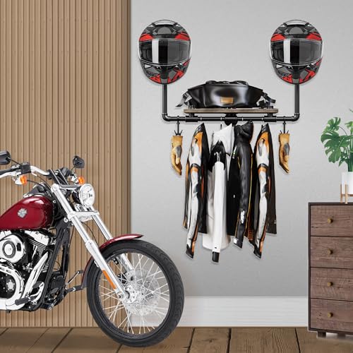 Motorradhelm-Halterung, Wandhalterung, 3-in-1-Helmständer mit 2 Handschuh-Clips, Massivholz und Metall, Helmhalter, Aufhänger (Braun)