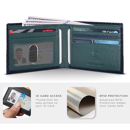 Image of Oak Leathers Slim Leather Wallet for Men - RFID Blocking Slim Minimalist Front Pocket - Thin & Stylish with ID Window, Gift For Men(Black Carbon /Green)