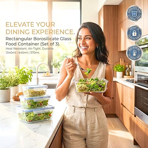 Image of Altitude Borosilicate Glass Lunch Box Set with Bag & Jar, Set of 3 Leakproof Airtight Glass Food Storage Containers 370ml 640ml 1040ml, Microwave Oven Freezer Dishwasher Safe Tiffin Box