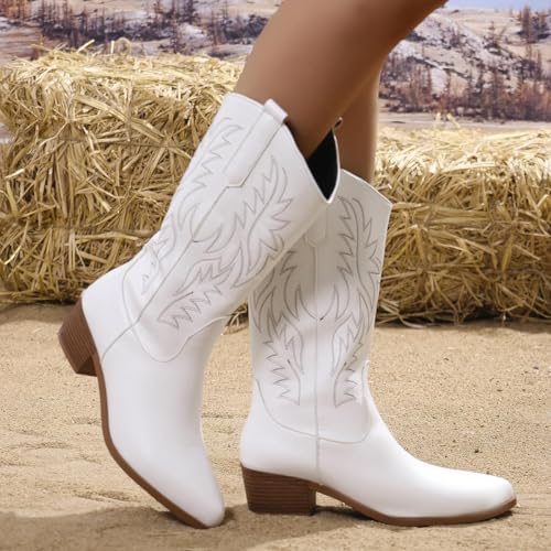 Cowboy Boots for Women Cowgirl Boots Wide Calf Pointed Toe Embroidered Chunky Heel Western Mid Calf Boots2