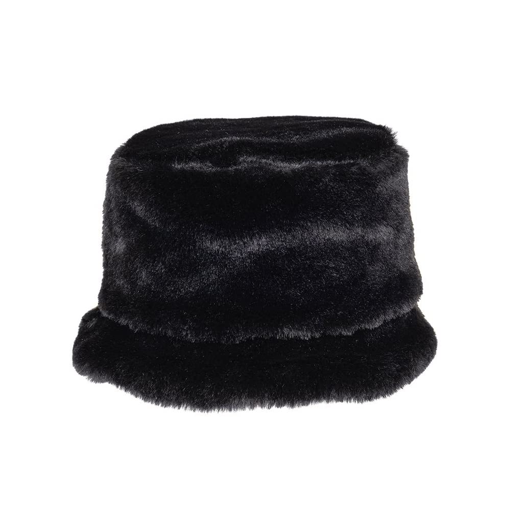 Women's Winter Faux Fur Soft Fluffy Plush Bucket Hat (Black)