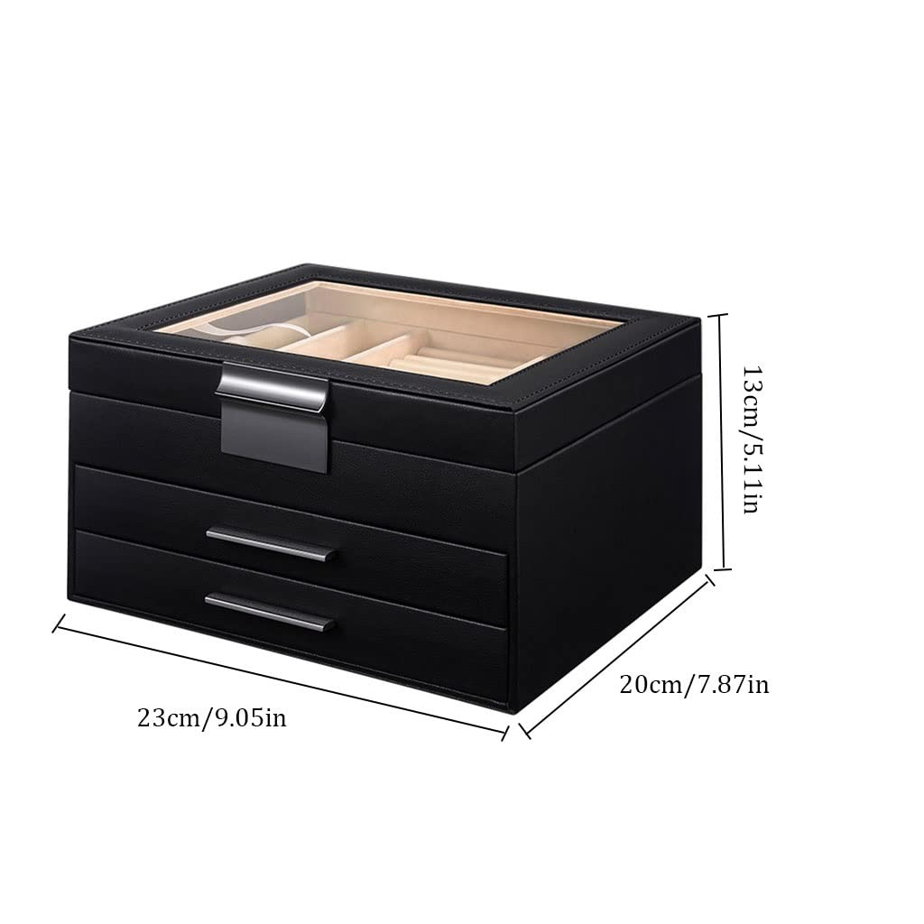 Schmuckkästchen, Ringbox, Schmuckschatulle mit Glasdeckel, 3-lagiger Schmuck-Organizer mit 2 Schubladen, Schmucketui, Schmuckdisplay, Aufbewahrung, Geschenk für Frauen, Schmuck-Organizer (C)
