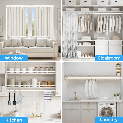 Image of Shower Rods 31-49 inch 2Pcs White Spring Shower Tension Rod Adjustable | 7 /8 inch Tension Curtain Rods Carbon Steel Tube, Rust-Proof Non-Slip Tool-Free, Tension Rod for Windows Bathroom Room Divider
