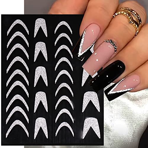 Sparkly Glitter French Nail Stickers,3D Glitter Silver Nail Decals Stripe Line French Tips Nail Art Stickers Self-Adhesive Curve Swirl Lines Nails Stickers Women Diy Nail Supplies,6 Sheets/Set (Glitter Silver) #TOP2